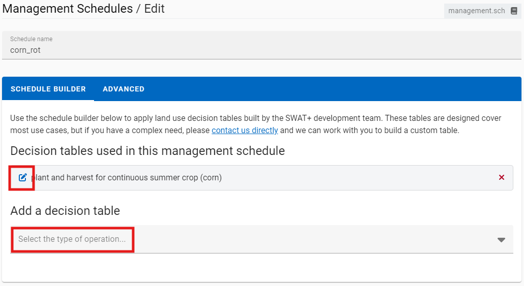 Screenshot of management schedule builder wizard