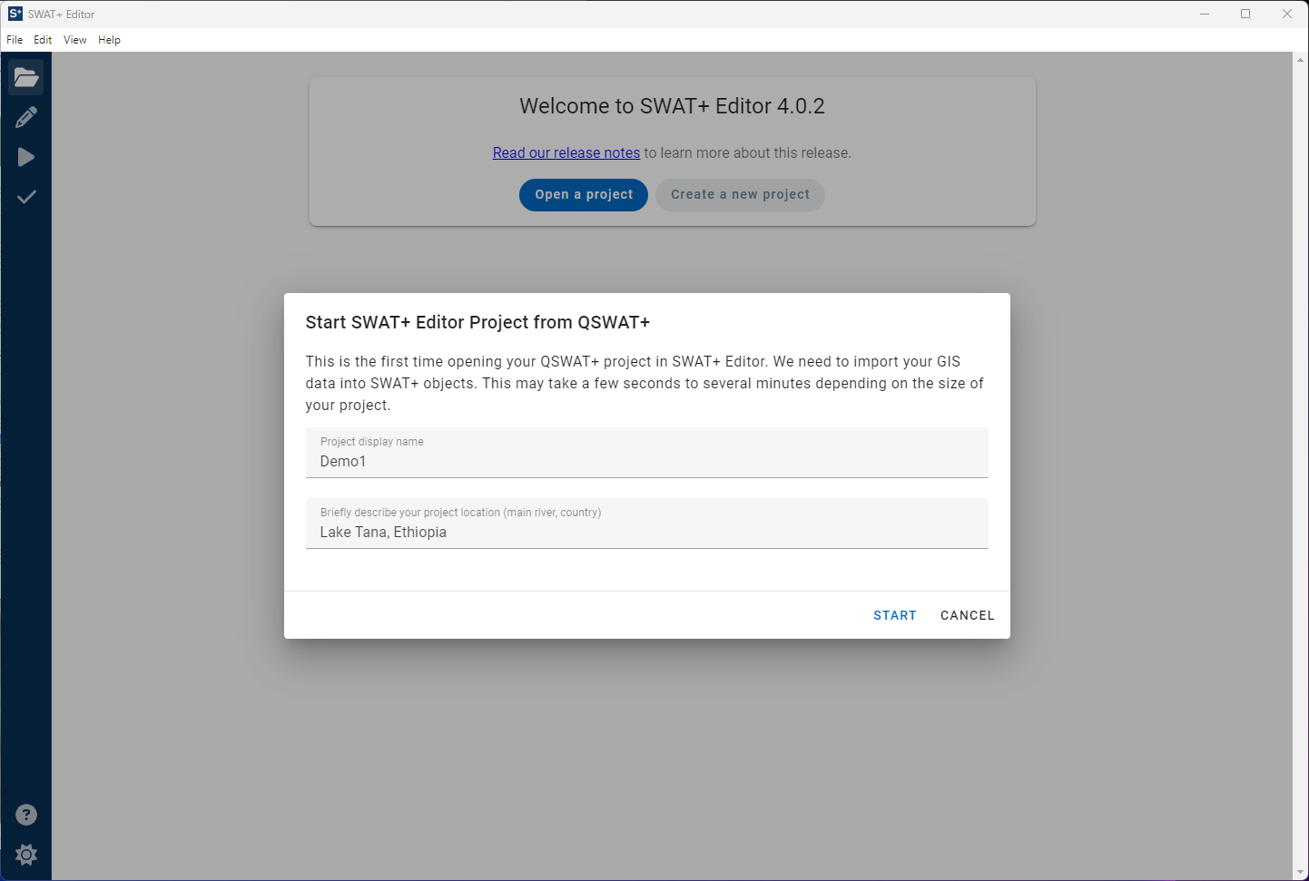 Screenshot of initial project setup dialog in SWAT+ Editor